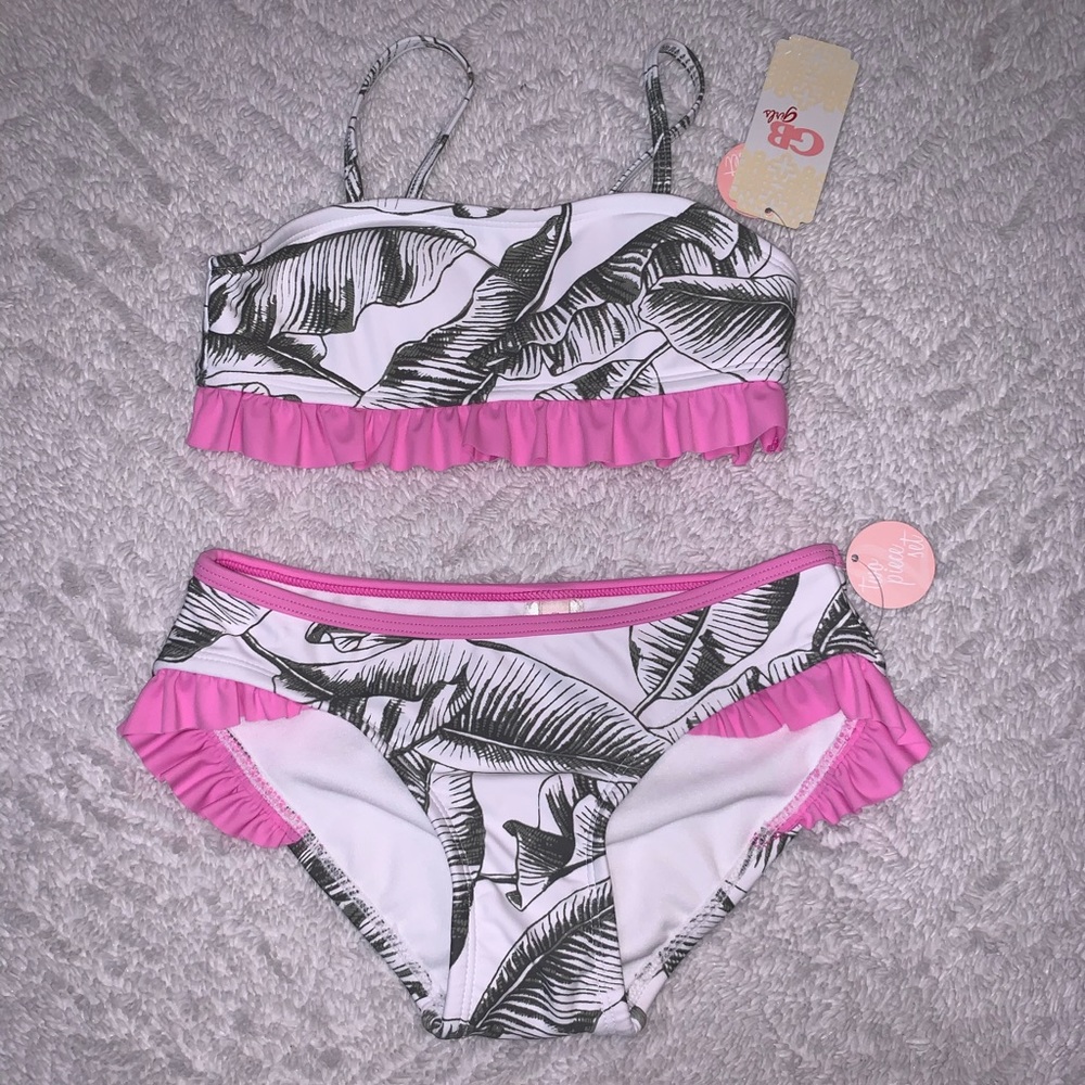 NWT GB Girls Green Pink Ruffle Lining Swimsuit